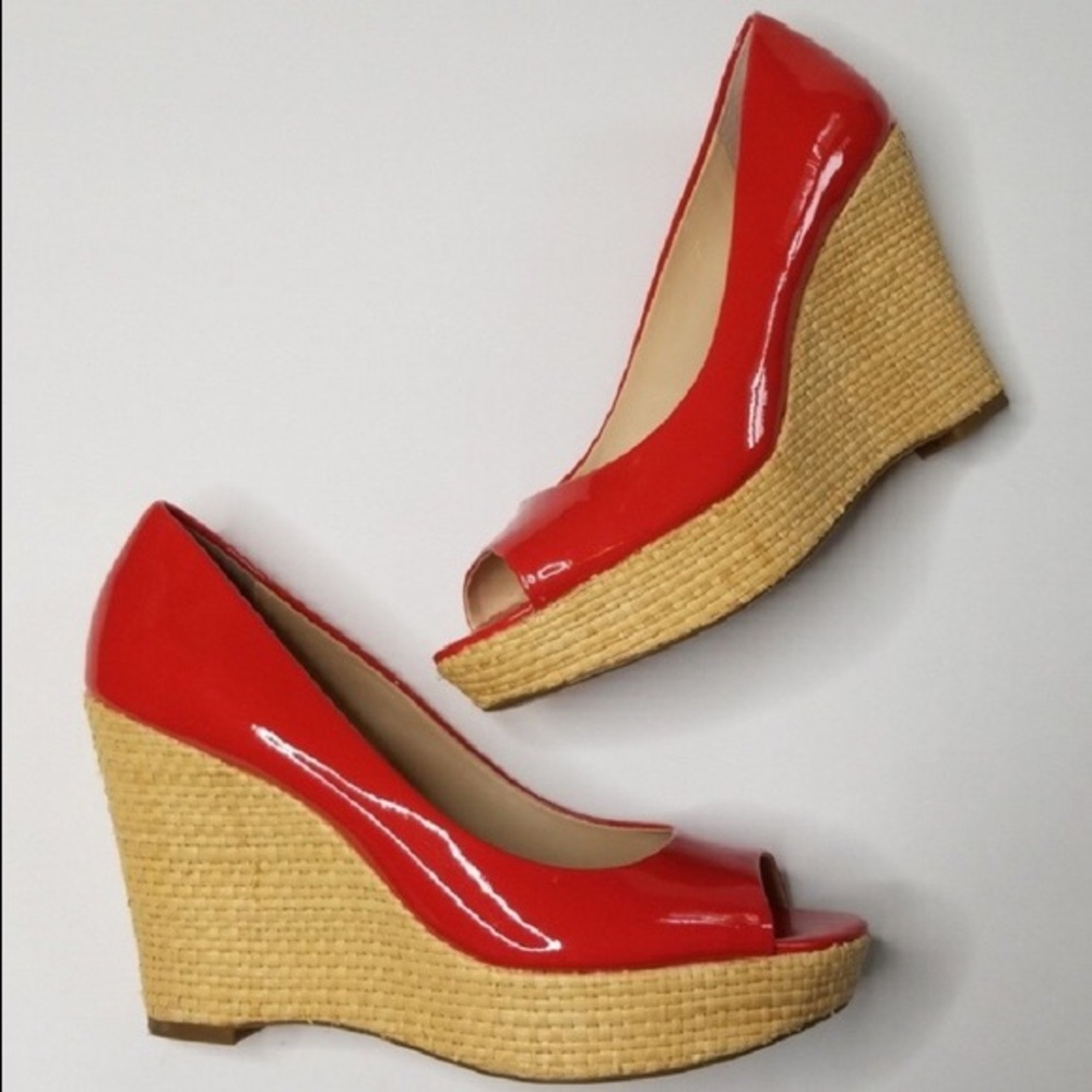 Franco Sarto Peep Toe Coral Patent Wedges size 6.5